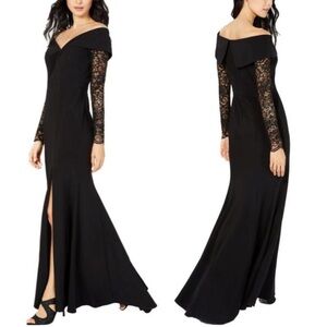 NWT Xscape Black Lace Sequin Sleeves Off the Shoulder Formal Evening Maxi Gown 8